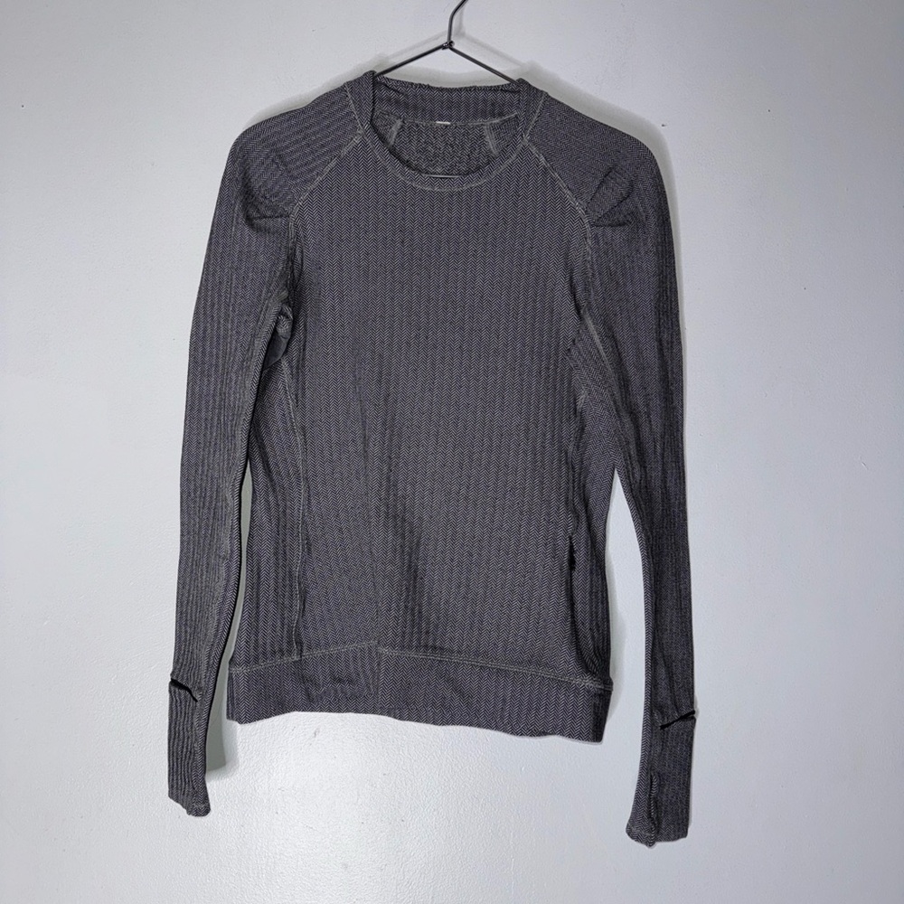 Lululemon Think Fast Long Sleeve Shirt‎ Size 6 Heathered Herringbone BLACK/SLATE